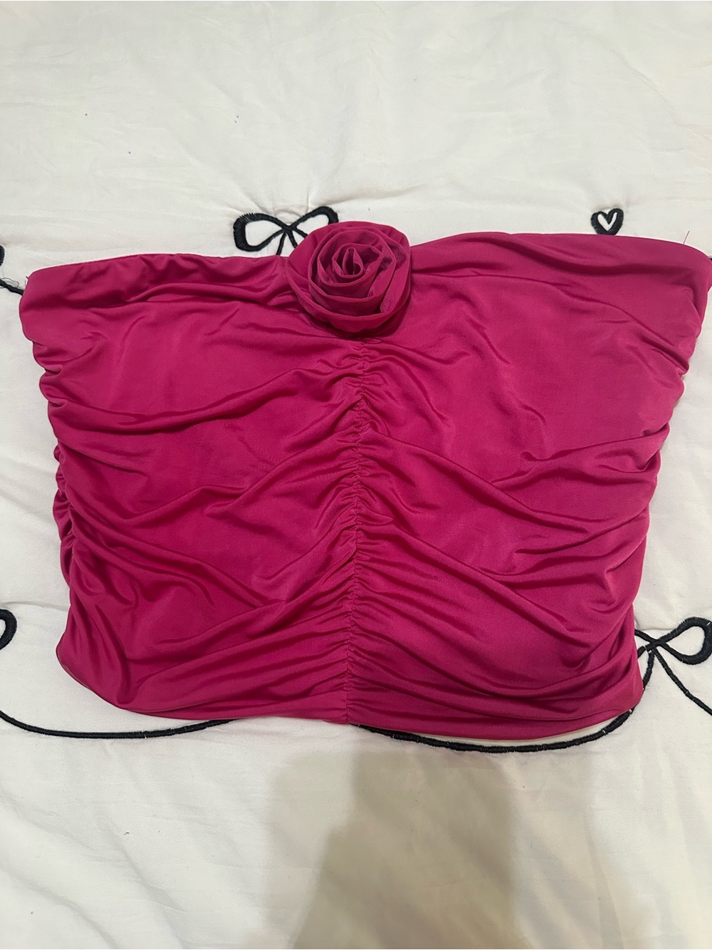Strapless Ruched Tube Top with Rosette Accent - Hot Pink
